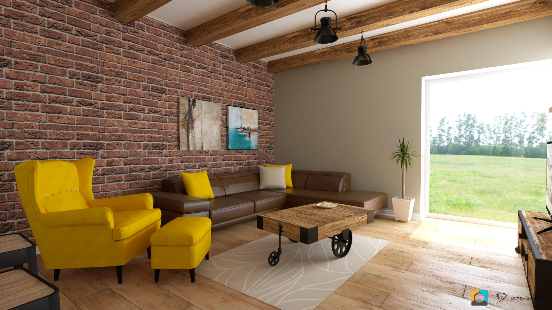 industriálny štýl vizualizácia obývacej izby v bungalove, indutriálna, žlté kreslo ikea, hnedá kožená gaučovka rohová, krémový koberec, tehla na stene