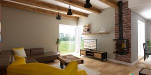 industriálny štýl návrh industrálnej obývačky s drevom, kreslo žlté z ikea, hnedá kožená sedačka