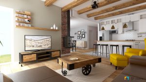 industriálny štýl stolík vozík industriálny drevený v obývačke, závesný krb, obývačka spojená s kuchyňou, barový pult industriálny štýl