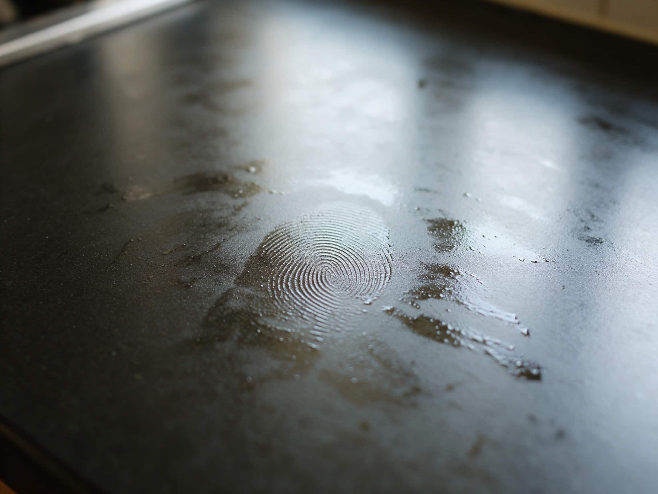 magnific_realistic-closeup-photogr_JNneoKeOq4 Detail Tmavej Matnej Kuchynskej Pracovnej Dosky S Jemným Odtlačkom Prsta A Mastným Fliačikom