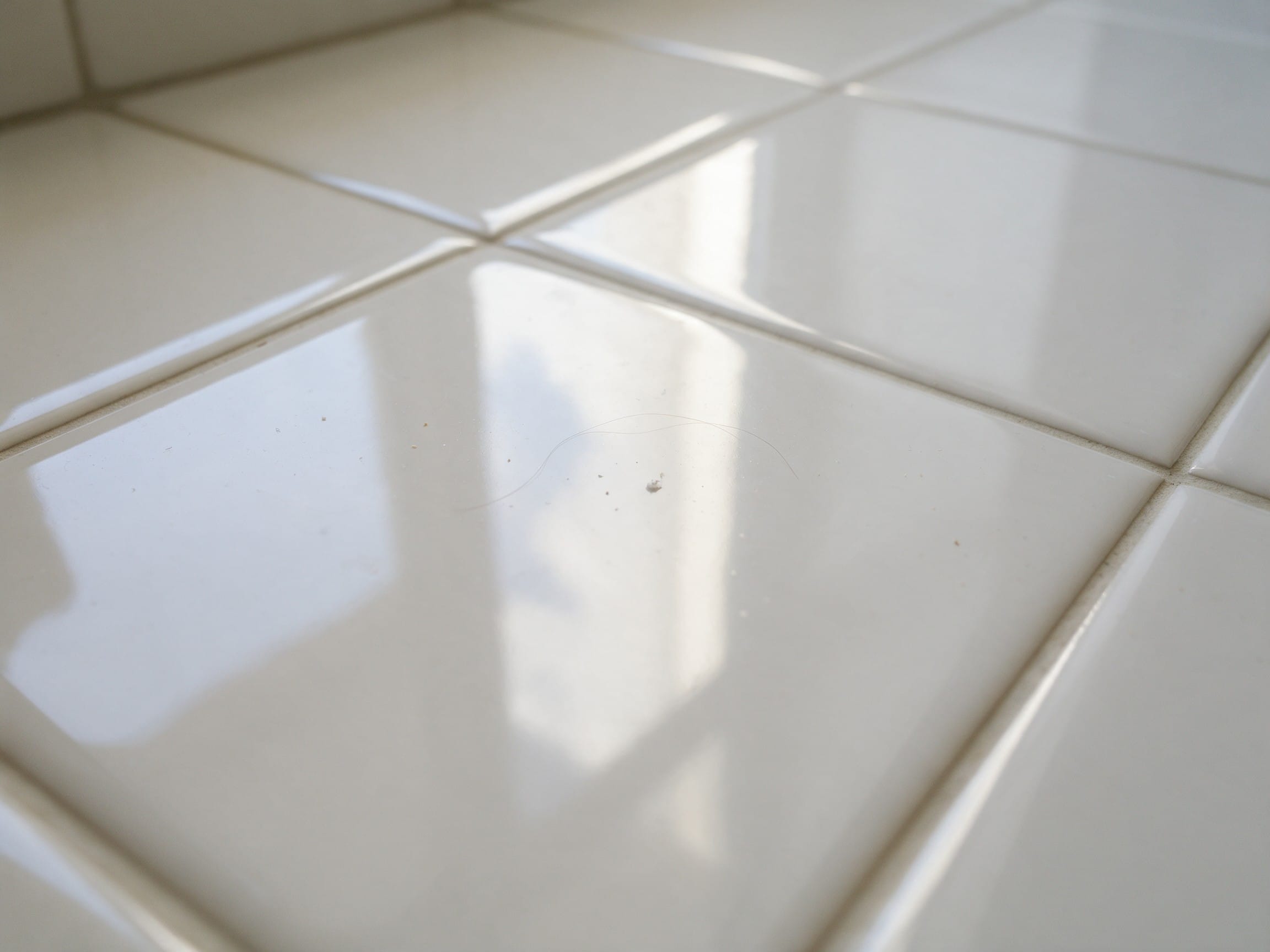 magnific_realistic-photograph-of-g_ksPATp516B Detail Bielej Lesklej Kúpeľňovej Dlažby S Viditeľným Vlasom A Prachom Na Povrchu